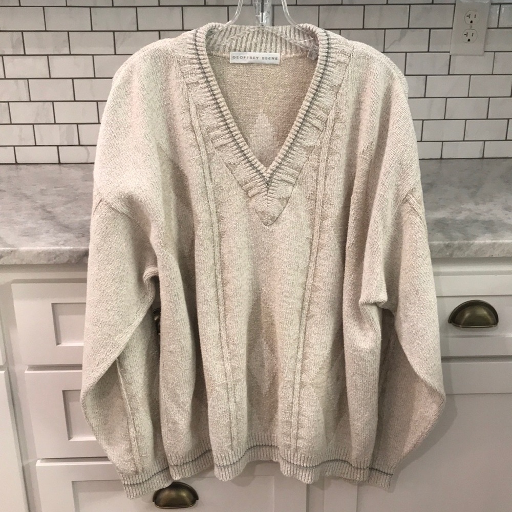 Geoffrey Bean Sweater Mens XL Cream V-Neck Preppy Argyle Y2K Pullover Classic